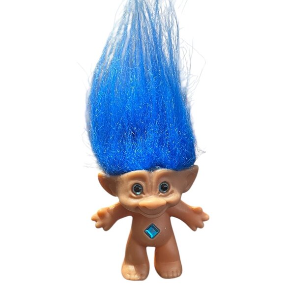 Ace Novelty Vintage Troll Doll • Diamond Jewel Belly • Blue Hair • 1990s • 3” - Picture 2 of 7